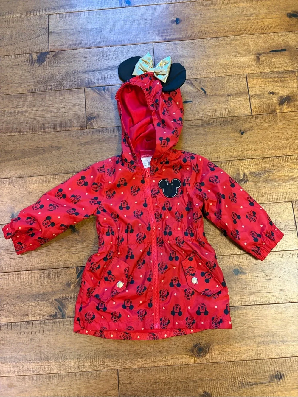 Disney Junior Minnie Mouse Rain Jacket Girls Sz 2T Red Hooded Zip Ears Gold Bow